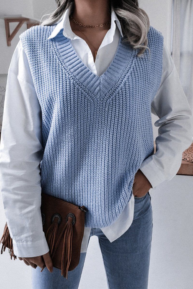 WOMEN V NECK CASUAL LOOSE KNIT SWEATER VEST