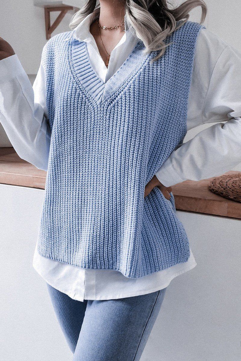 WOMEN V NECK CASUAL LOOSE KNIT SWEATER VEST