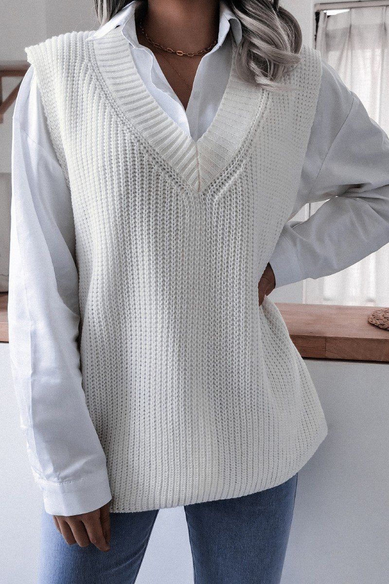 WOMEN V NECK CASUAL LOOSE KNIT SWEATER VEST