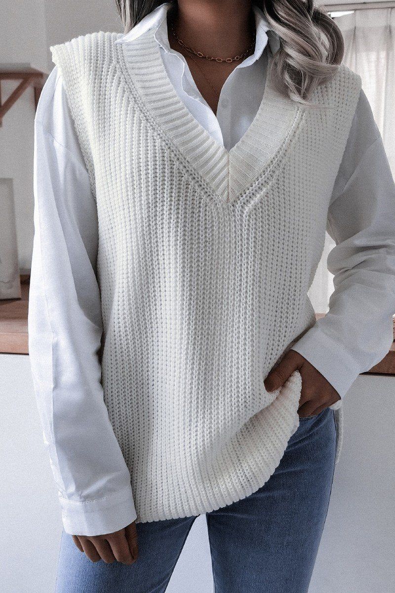 WOMEN V NECK CASUAL LOOSE KNIT SWEATER VEST