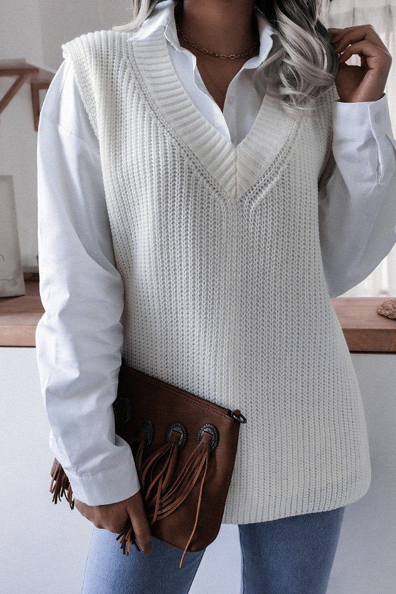 WOMEN V NECK CASUAL LOOSE KNIT SWEATER VEST