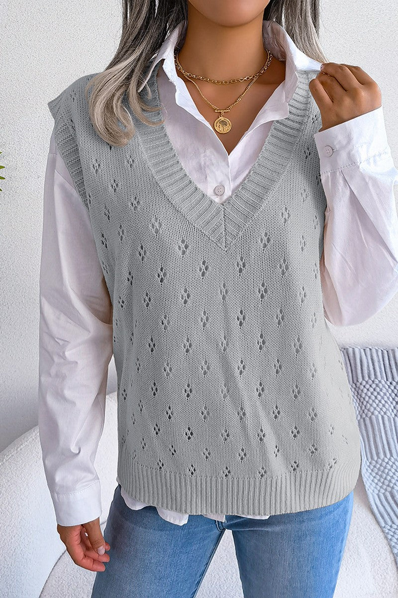 EYELET RIBBED KNIT SWEAT VEST FOR WOMEN