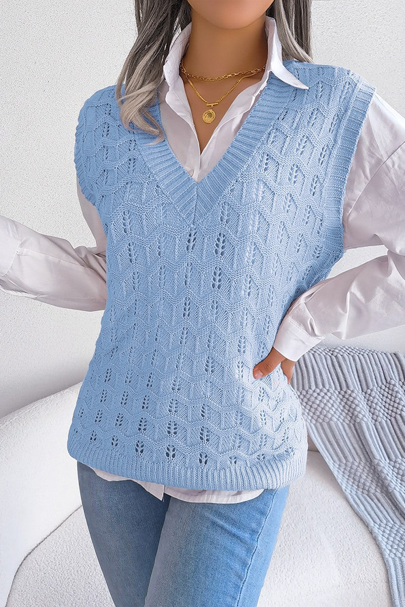 WOMEN CABLE KNITTED RIBBED V NECK SWEAT VEST