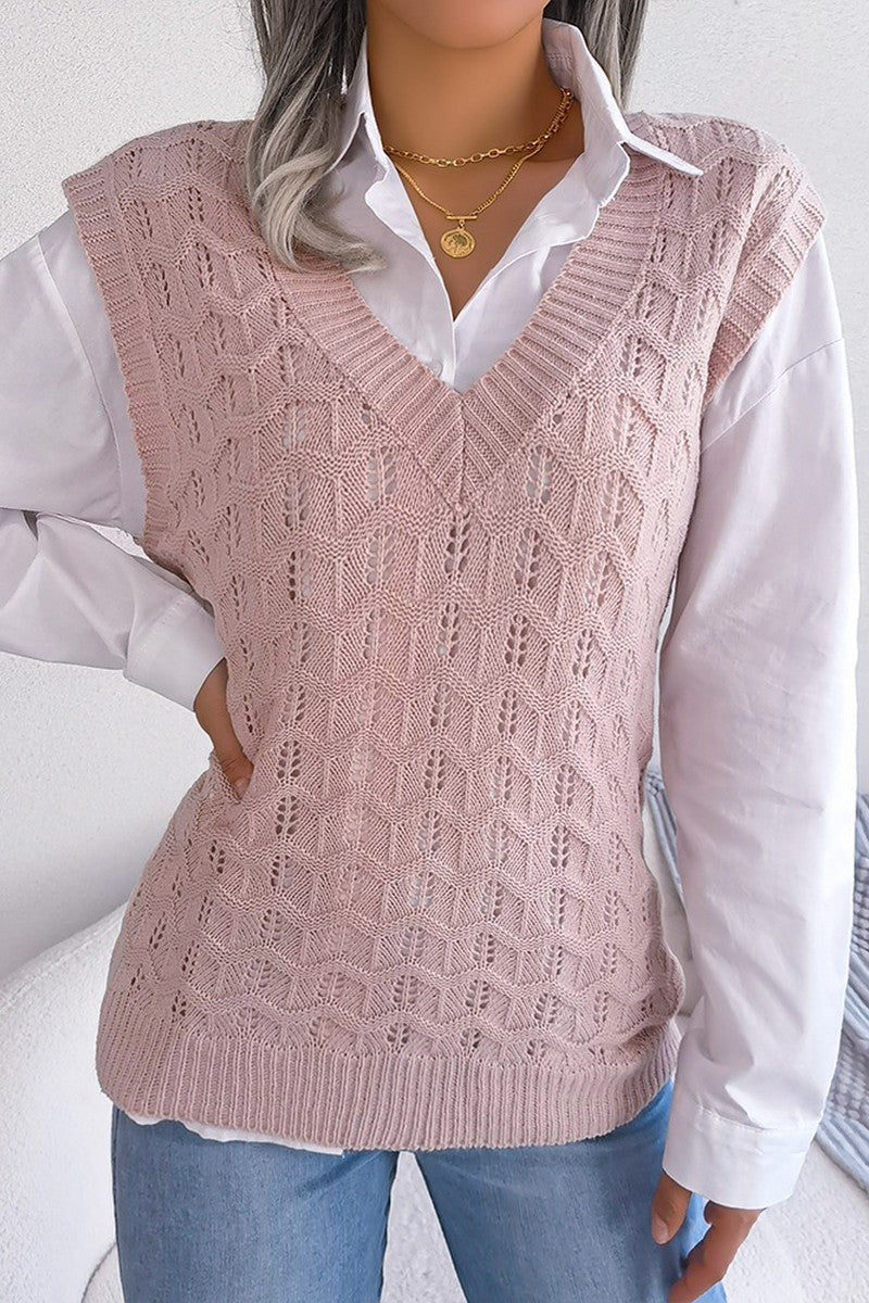 WOMEN CABLE KNITTED RIBBED V NECK SWEAT VEST