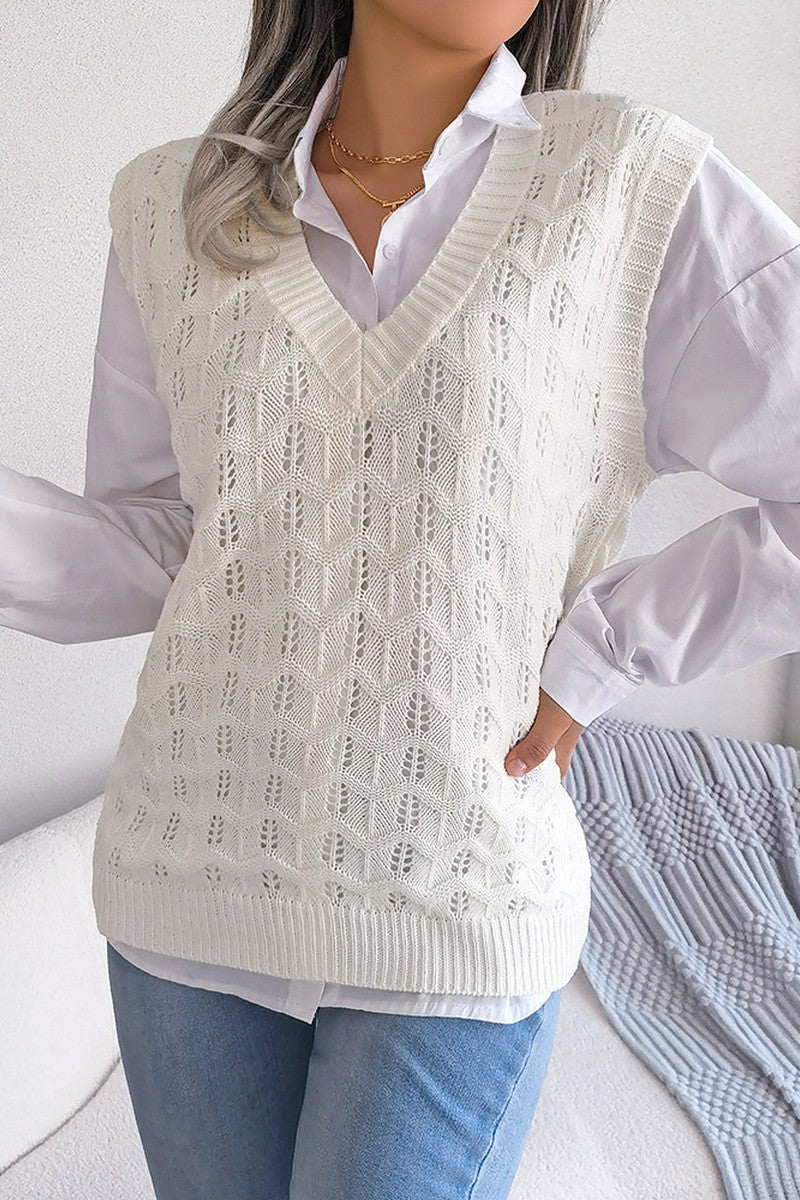 WOMEN CABLE KNITTED RIBBED V NECK SWEAT VEST