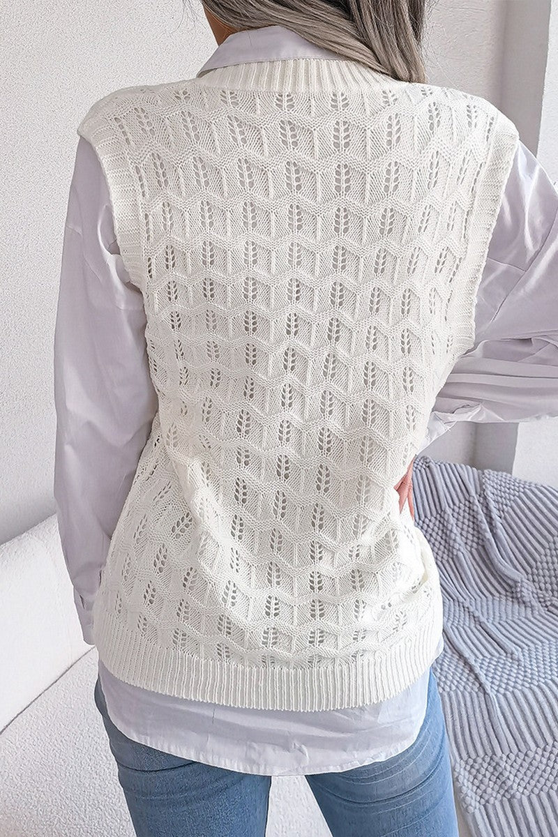 WOMEN CABLE KNITTED RIBBED V NECK SWEAT VEST