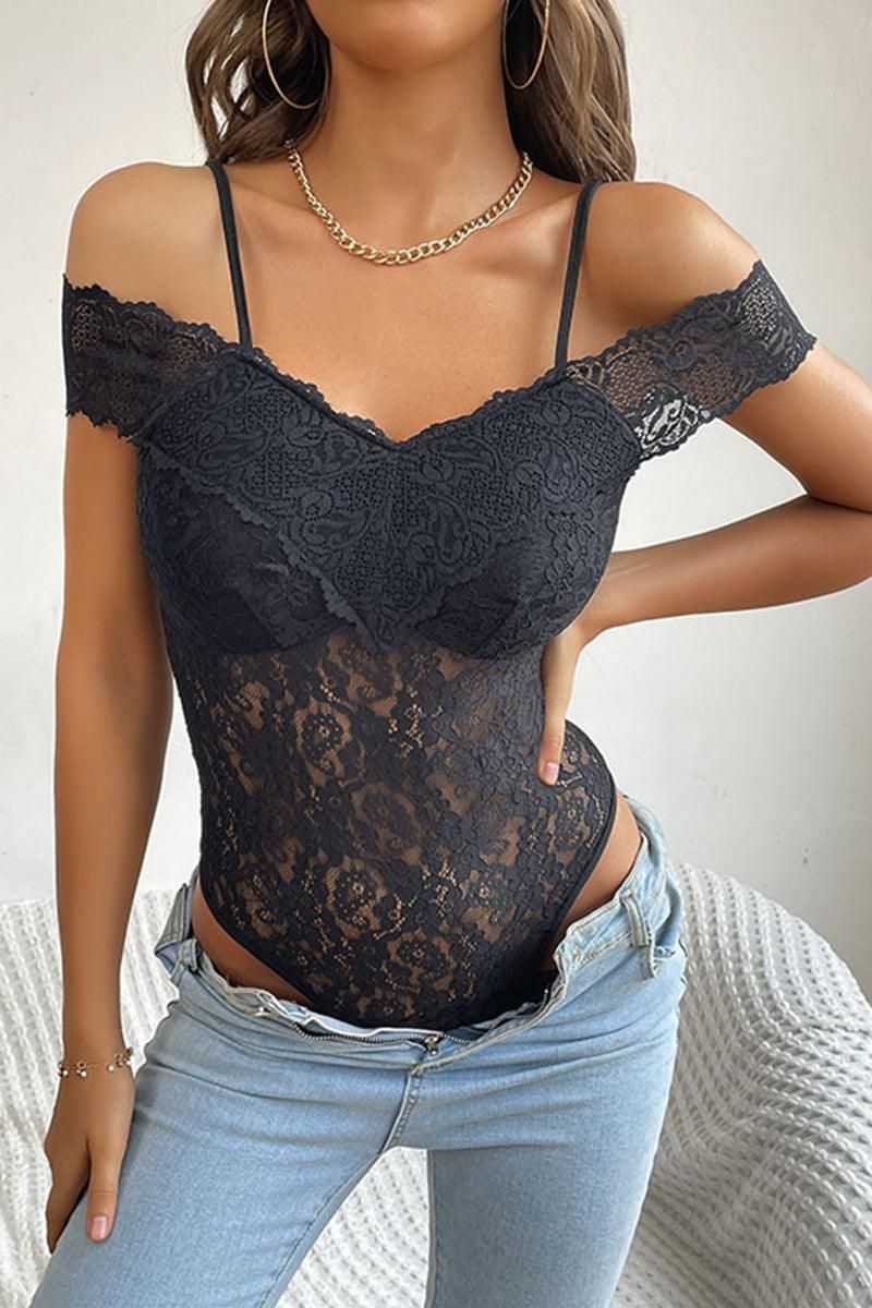 OFF SHOULDER STRAP FULL LACE BODYSUIT - Doublju