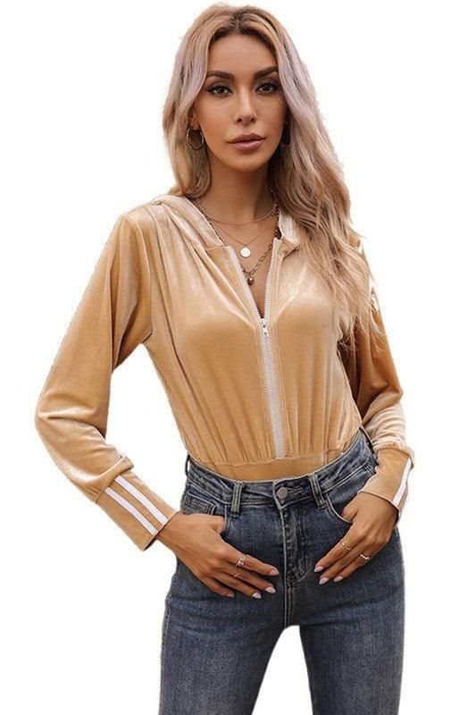 LONG SLEEVE ZIP UP HOODIE CAUSAL BODYSUIT - Doublju