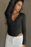 WOMEN BUTTONED V NECK LONG SLEEVE BODYSUIT