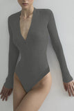 WOMEN BUTTONED V NECK LONG SLEEVE BODYSUIT