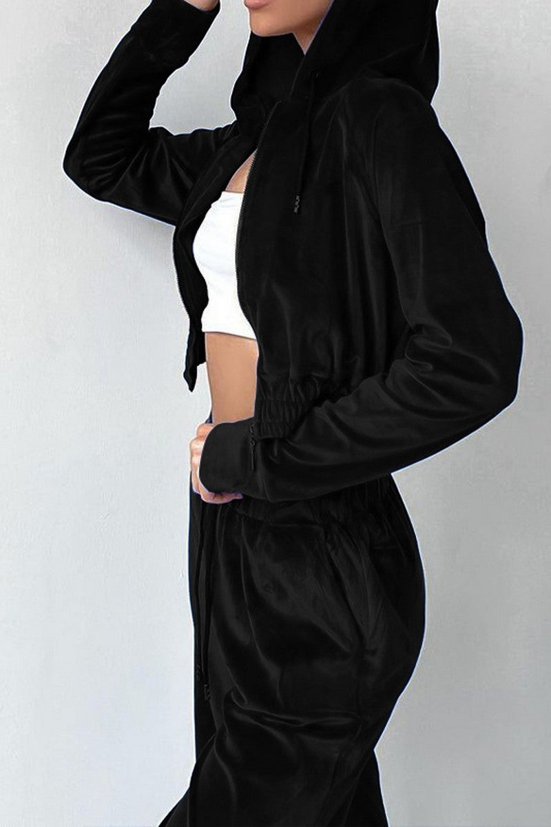 WOMEN VELVET DRAWSTRING PANTS AND CROP JACKET SET