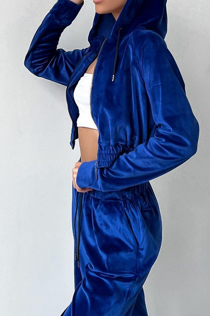 WOMEN VELVET DRAWSTRING PANTS AND CROP JACKET SET