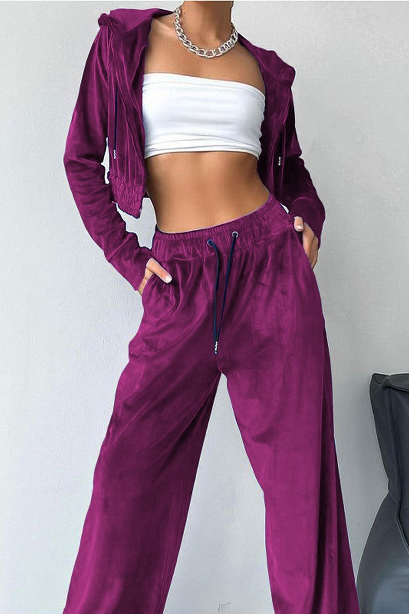 WOMEN VELVET DRAWSTRING PANTS AND CROP JACKET SET