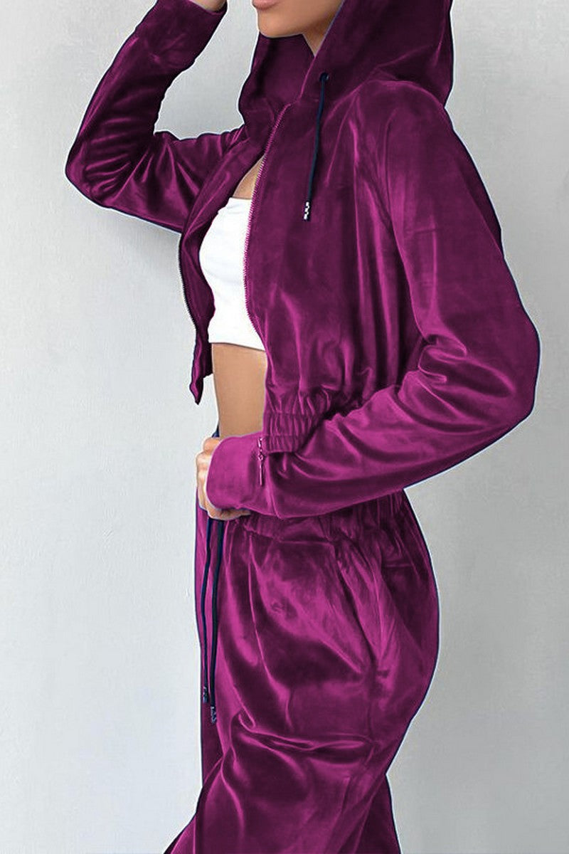 WOMEN VELVET DRAWSTRING PANTS AND CROP JACKET SET