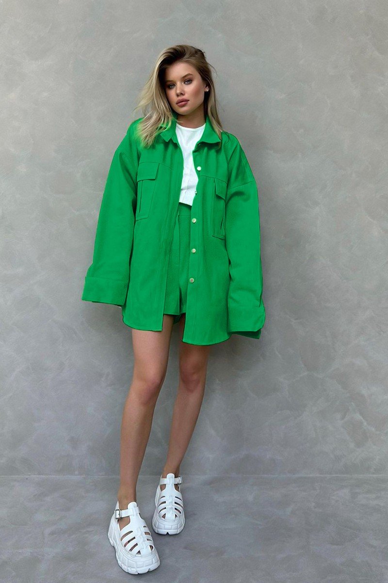 WOMEN OVERSIZED LOOSE FIT SHACKET AND SHORTS SET