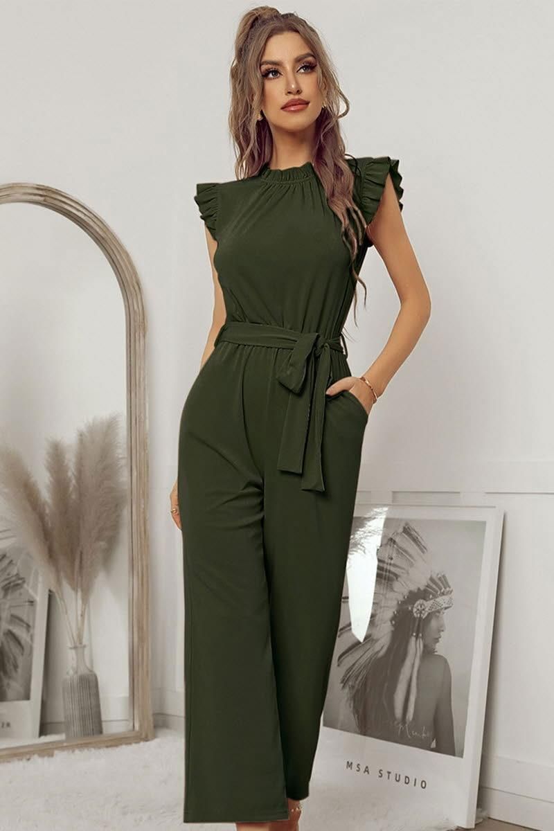 SOLID COLOR FLYING SLEEVE JUMPSUIT - Doublju