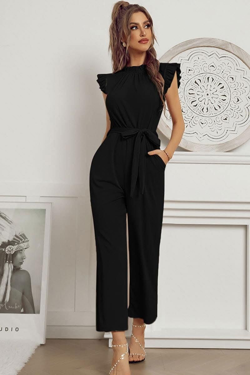 SOLID COLOR FLYING SLEEVE JUMPSUIT - Doublju