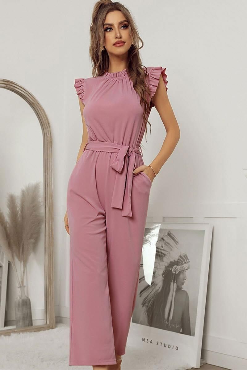 SOLID COLOR FLYING SLEEVE JUMPSUIT - Doublju