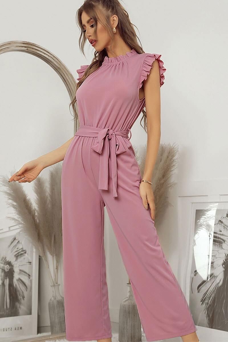 SOLID COLOR FLYING SLEEVE JUMPSUIT - Doublju