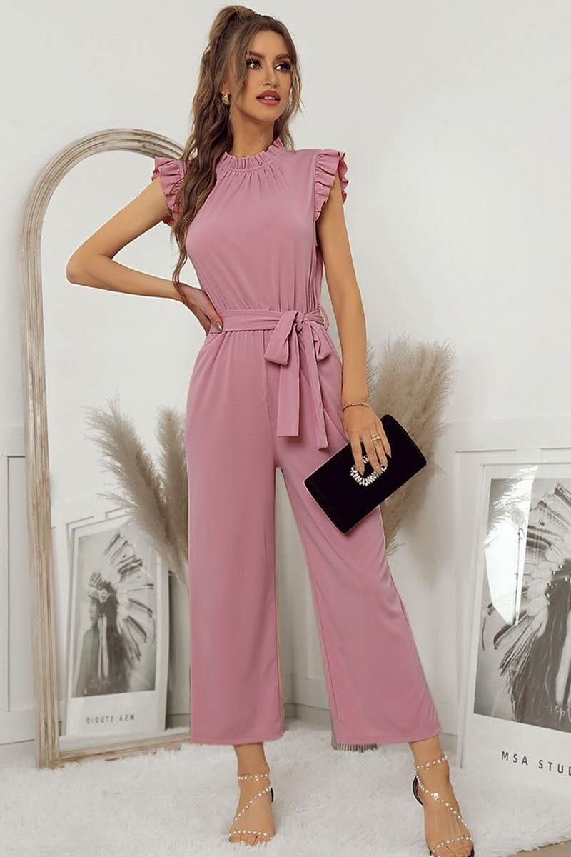 SOLID COLOR FLYING SLEEVE JUMPSUIT - Doublju