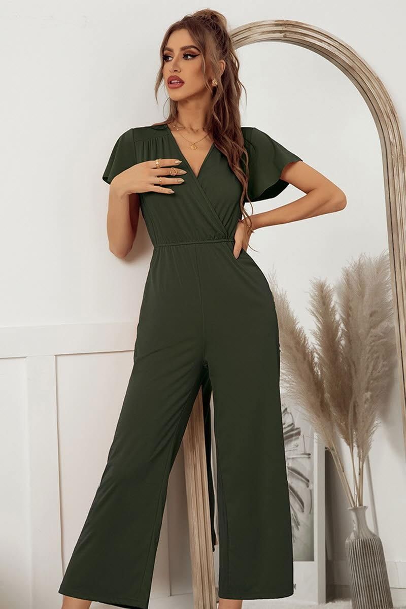 V NECK SHORT SLEEVE JUMPSUIT - Doublju