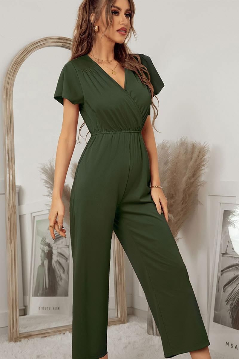 V NECK SHORT SLEEVE JUMPSUIT - Doublju