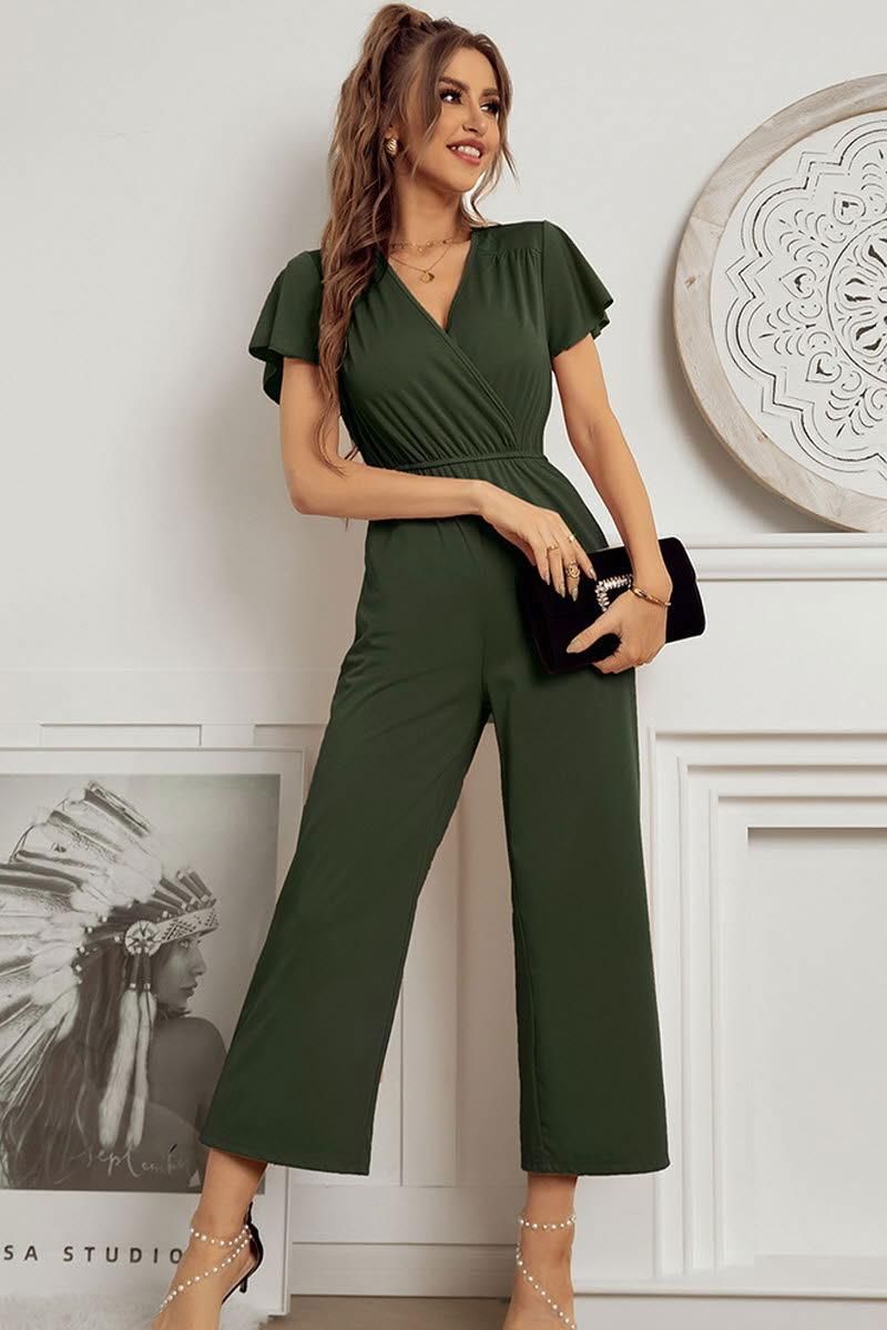 V NECK SHORT SLEEVE JUMPSUIT - Doublju