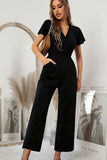 V NECK SHORT SLEEVE JUMPSUIT - Doublju