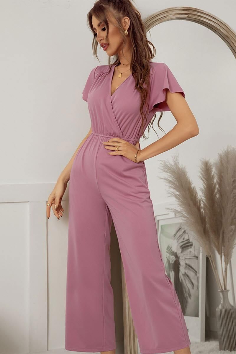 V NECK SHORT SLEEVE JUMPSUIT - Doublju