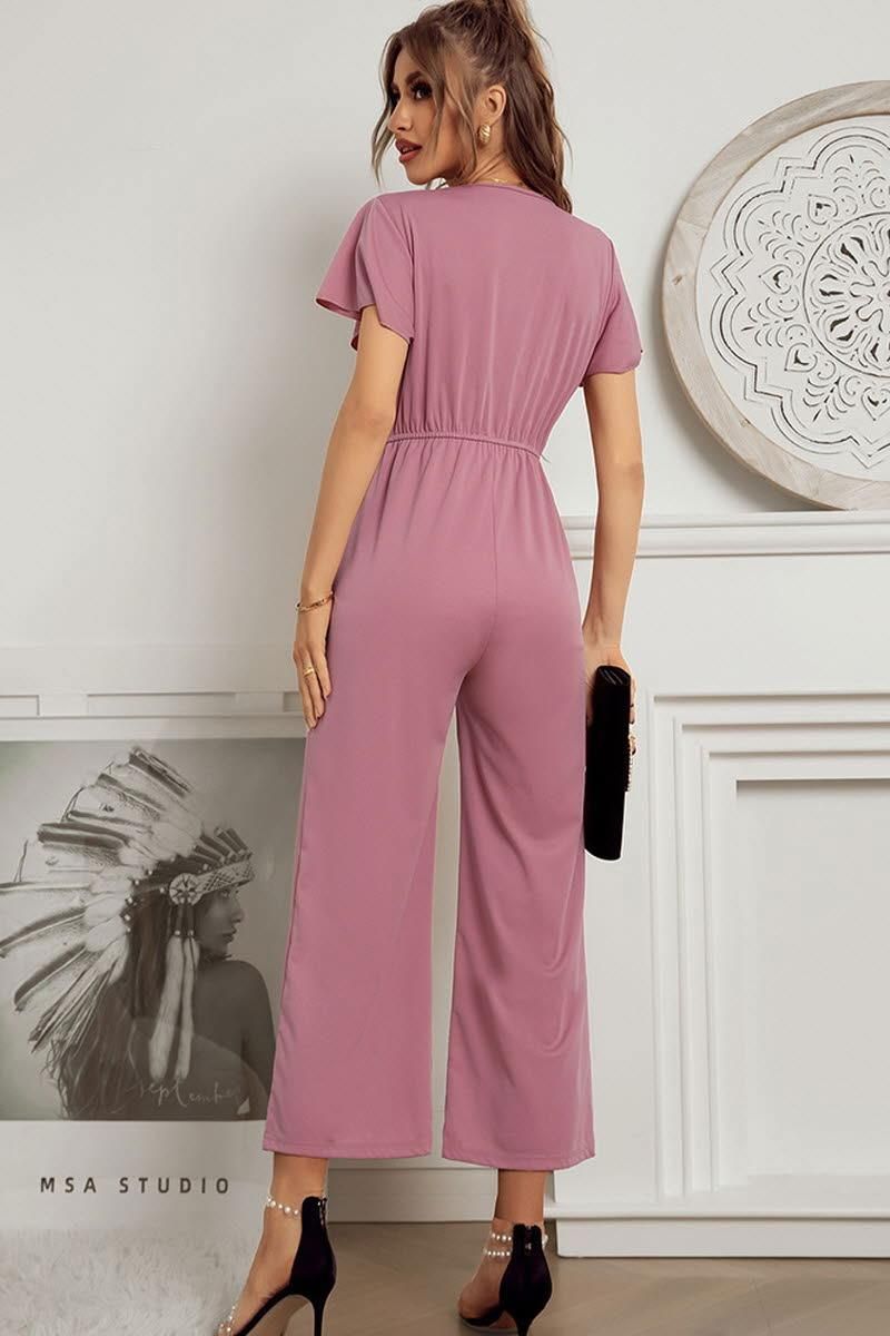 V NECK SHORT SLEEVE JUMPSUIT - Doublju