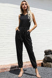 SOLID COLOR BLACK SLEEVELES JUMPSUIT - Doublju