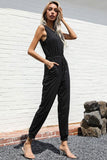 SOLID COLOR BLACK SLEEVELES JUMPSUIT - Doublju