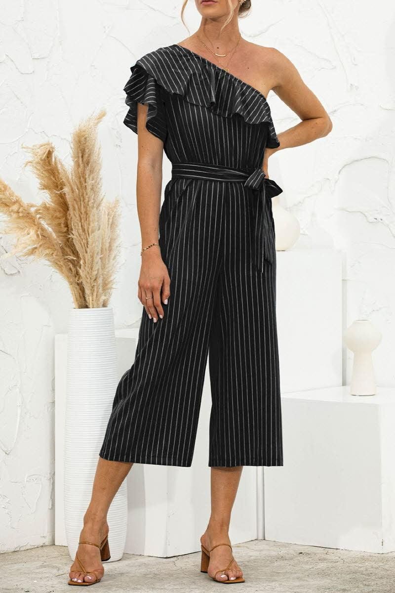 SLANTED SHOULDER RUFFLED STRIPED JUMPSUIT - Doublju