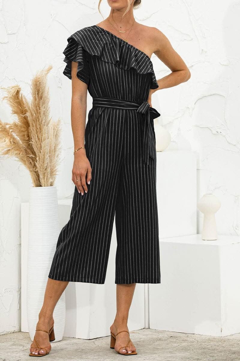 SLANTED SHOULDER RUFFLED STRIPED JUMPSUIT - Doublju