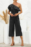 SLANTED SHOULDER RUFFLED STRIPED JUMPSUIT - Doublju