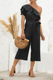 SLANTED SHOULDER RUFFLED STRIPED JUMPSUIT - Doublju