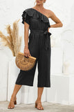 SLANTED SHOULDER RUFFLED STRIPED JUMPSUIT - Doublju