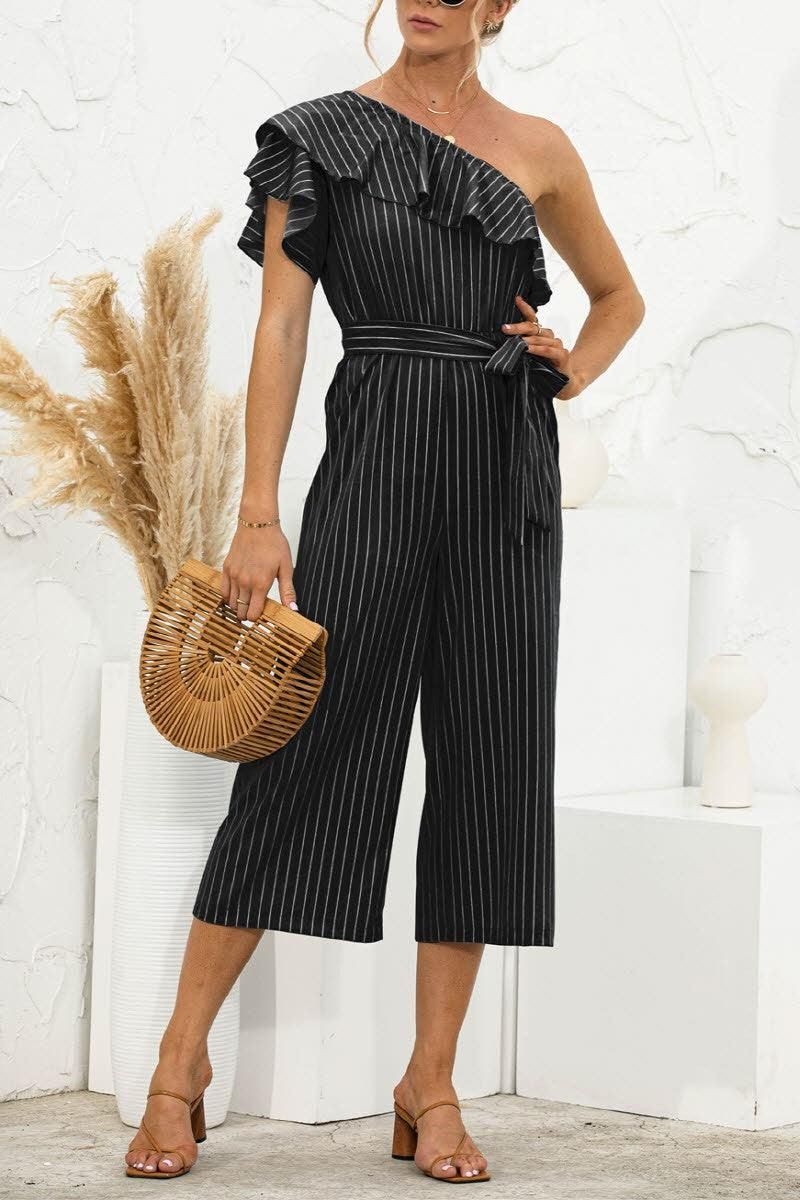 SLANTED SHOULDER RUFFLED STRIPED JUMPSUIT - Doublju