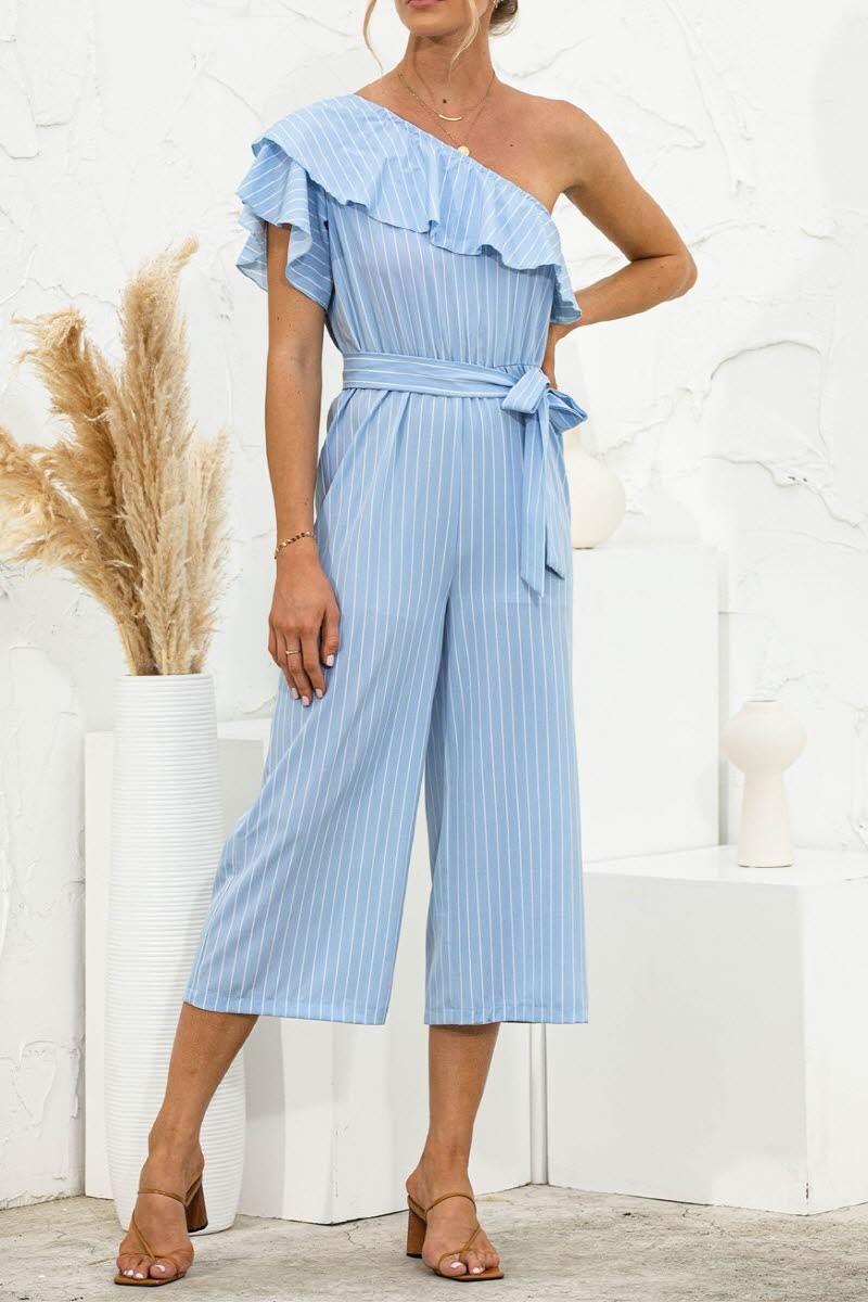 SLANTED SHOULDER RUFFLED STRIPED JUMPSUIT - Doublju