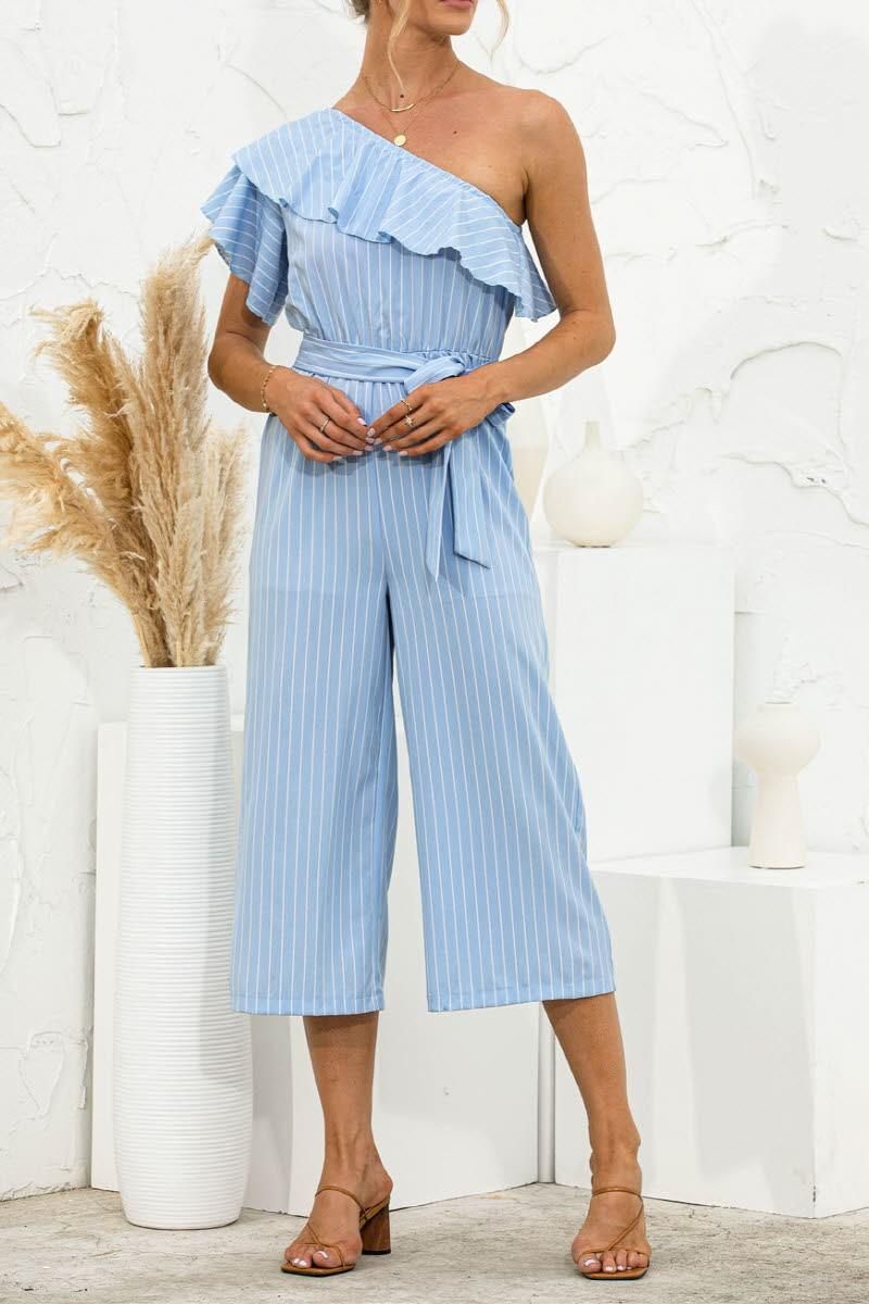 SLANTED SHOULDER RUFFLED STRIPED JUMPSUIT - Doublju