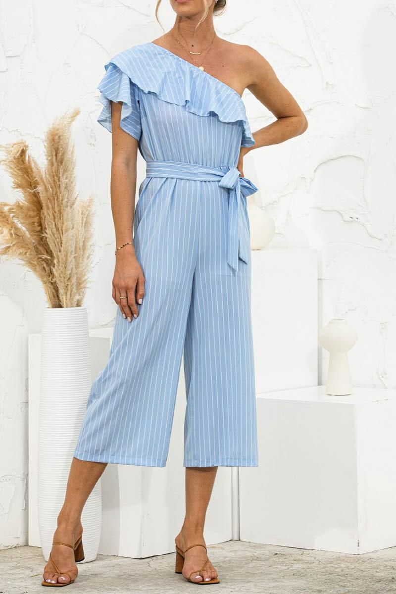 SLANTED SHOULDER RUFFLED STRIPED JUMPSUIT - Doublju