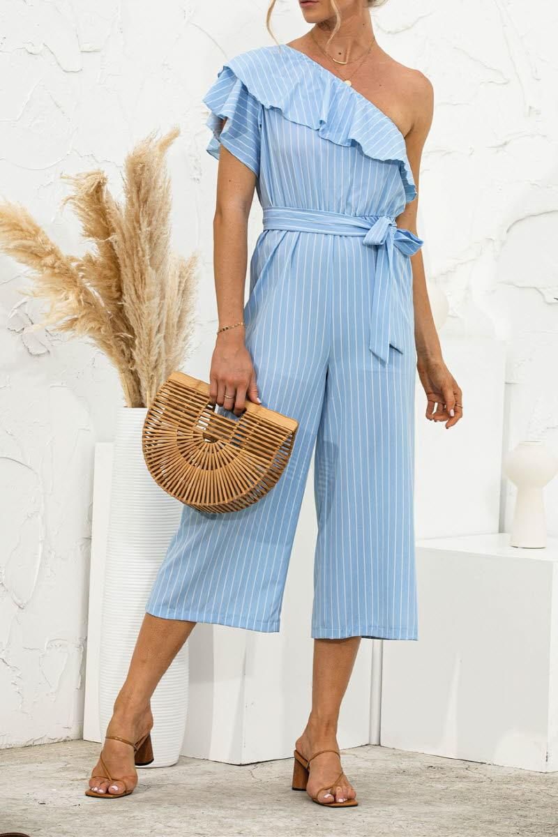 SLANTED SHOULDER RUFFLED STRIPED JUMPSUIT - Doublju