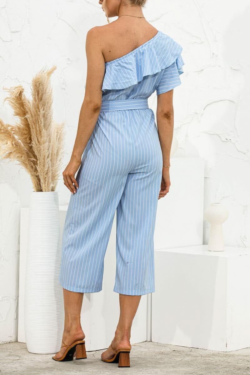 SLANTED SHOULDER RUFFLED STRIPED JUMPSUIT - Doublju