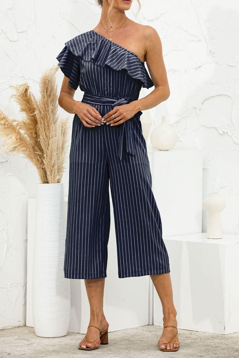 SLANTED SHOULDER RUFFLED STRIPED JUMPSUIT - Doublju