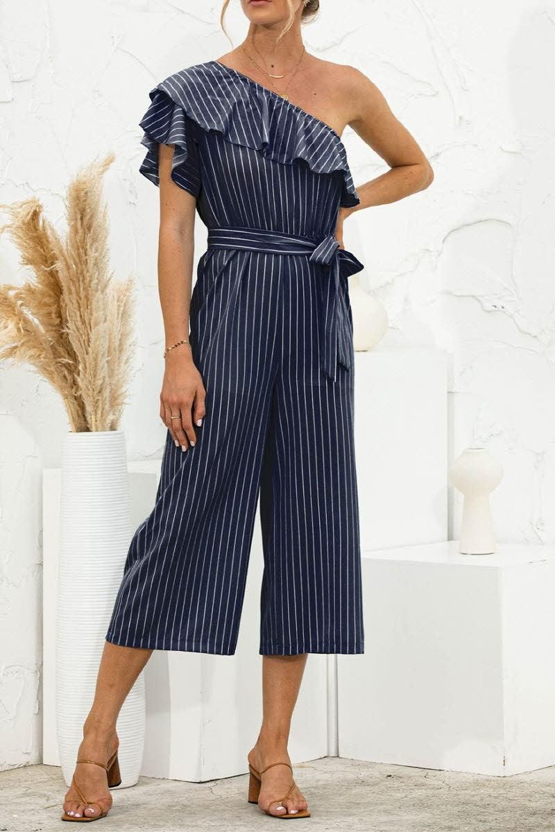 SLANTED SHOULDER RUFFLED STRIPED JUMPSUIT - Doublju