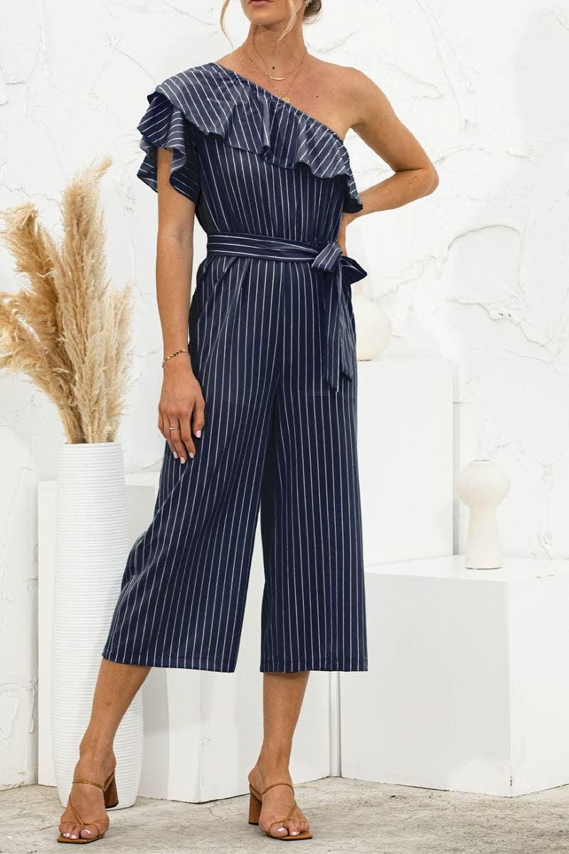 SLANTED SHOULDER RUFFLED STRIPED JUMPSUIT - Doublju