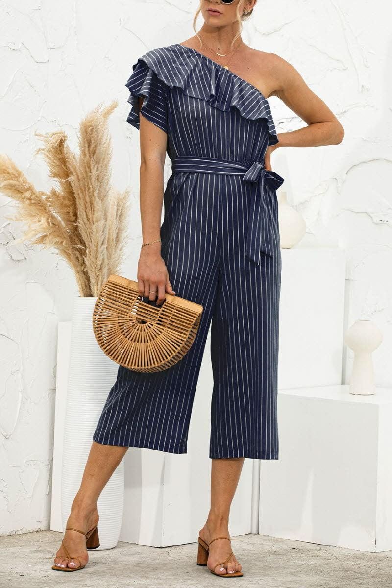 SLANTED SHOULDER RUFFLED STRIPED JUMPSUIT - Doublju