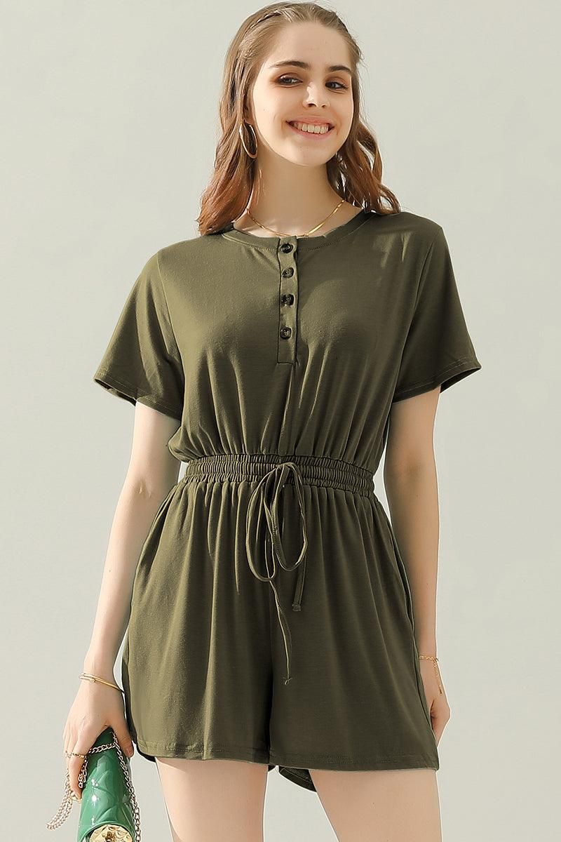 DRAWSTRING BUTTON UP POCKET JUMPSUIT - Doublju