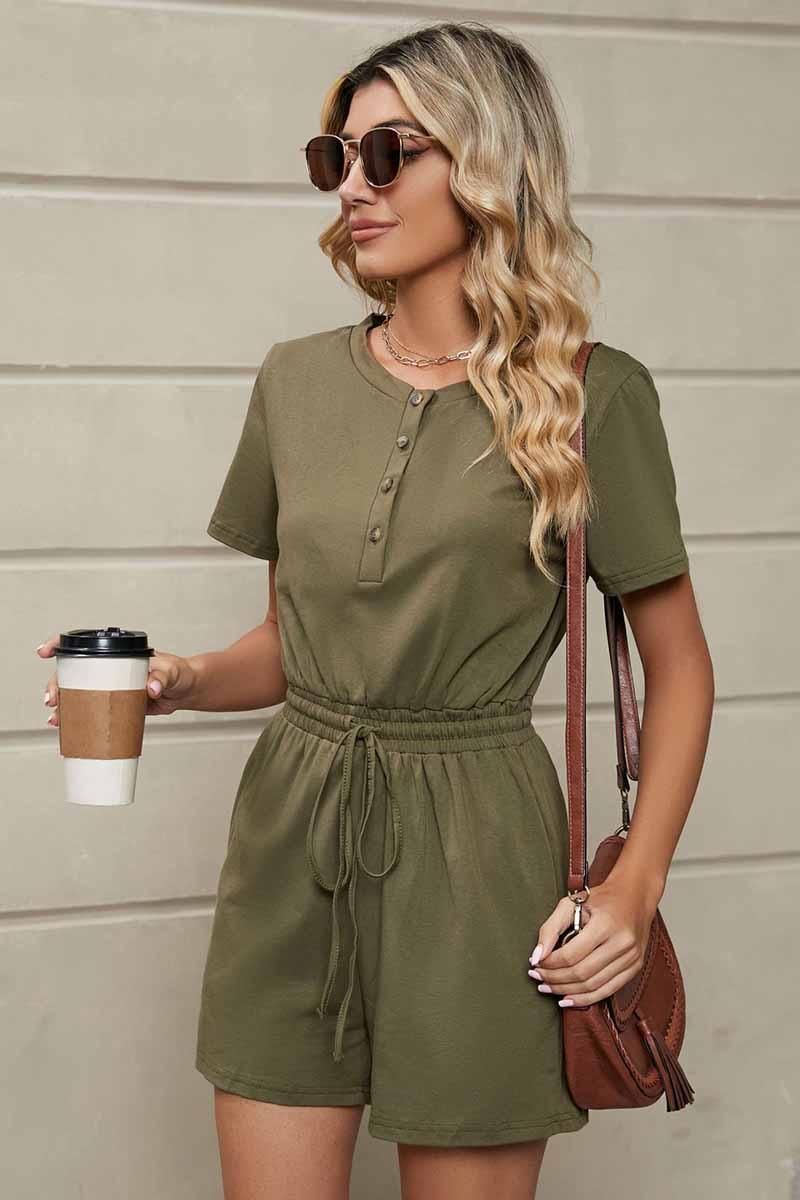 DRAWSTRING BUTTON UP POCKET JUMPSUIT - Doublju