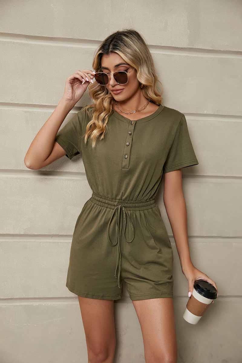 DRAWSTRING BUTTON UP POCKET JUMPSUIT - Doublju